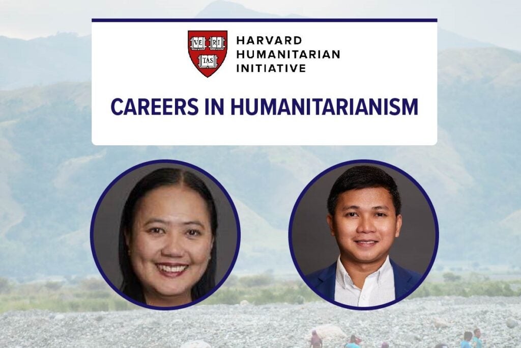 Careers in Humanitarianism featuring circle headshots of Lea and Mark on a faded mountainous background