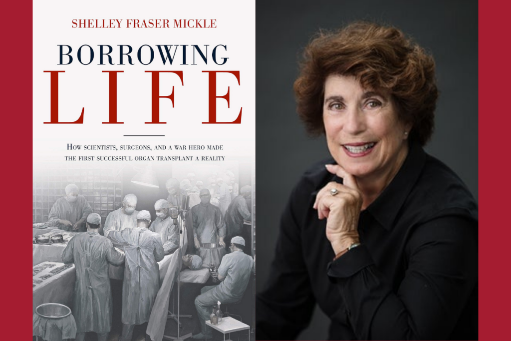 Over a red background: cover image of the book "Borrowing Life" is on the left and a portrait of Shelley Fraser Mickle is on the right.