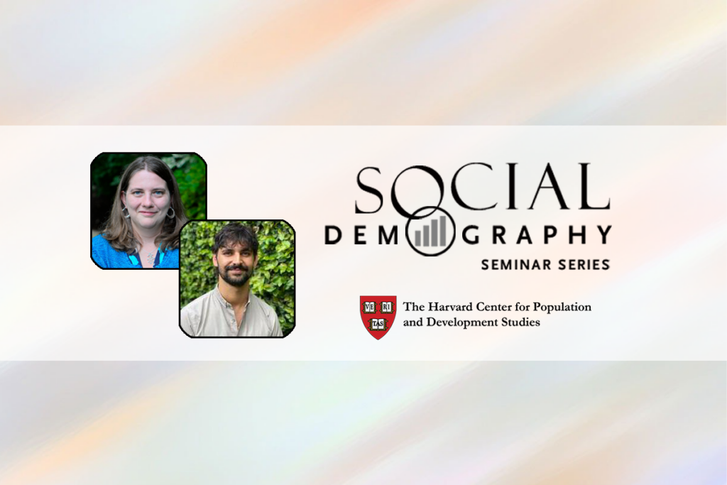 Head shots of Professor Killewald and Nino Cricco and Social Demography Seminar logo