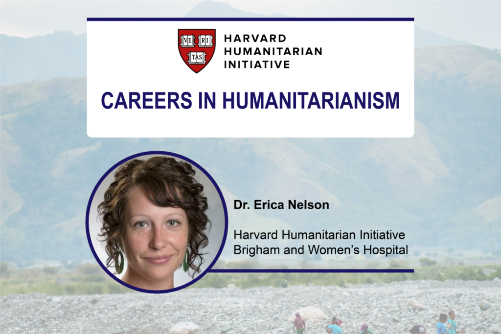 Careers in Humanitarianism featuring circle headshots of Dr. Nelson with her professional titles on a faded mountainous background
