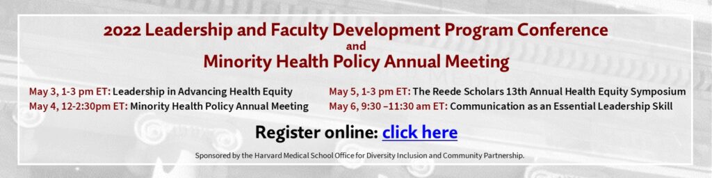 LFDP Conference and Minority Health Policy Annual Meeting banner. Times, dates and titles included for this four-day conference