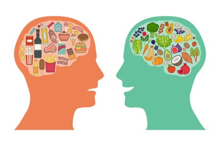 Illustration of two faces facing each other. The face on the left is frowning and has a brain full of unhealthy food and drink. The face on the right is smiling and has a brain full of healthy food and drink.