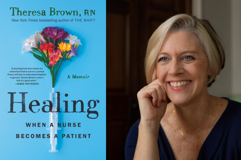 On the left: cover image of the book "Healing." On the right: photo of the author Theresa Brown.