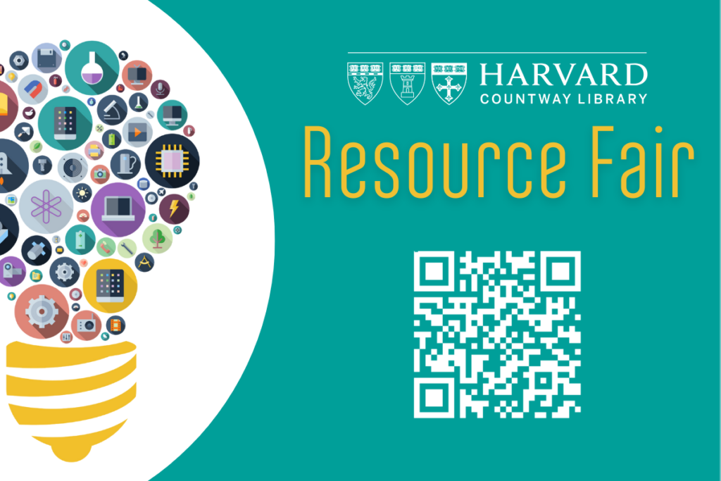 Colorful image of lightbulb inside a white circle, on a teal background. Yellow text to the right reads "Resource Fair" with a white Countway Library logo and QR code.