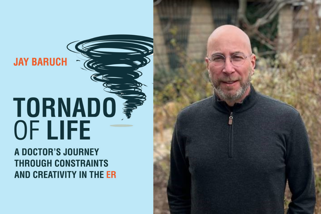 Cover art for the book "Tornado of Life" and headshot of author Jay Baruch