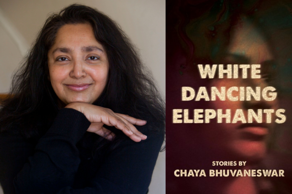 Photo of author Chaya Bhuvaneswar next to cover image of the book "White Dancing Elephants"
