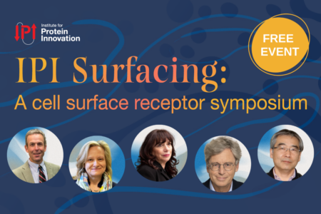 Blue background with images of people who will speak at event and text says "IPI surfacing a cell surface receptor symposium."