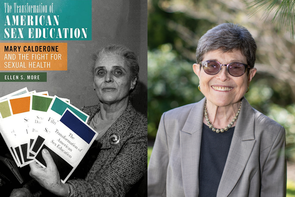 Cover image of the book "The Transformation of American Sex Education" next to a photo of author Dr. Ellen More