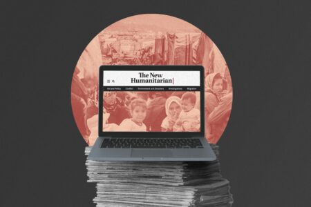Image of laptop and newspapers with "The New Humanitarian" website.