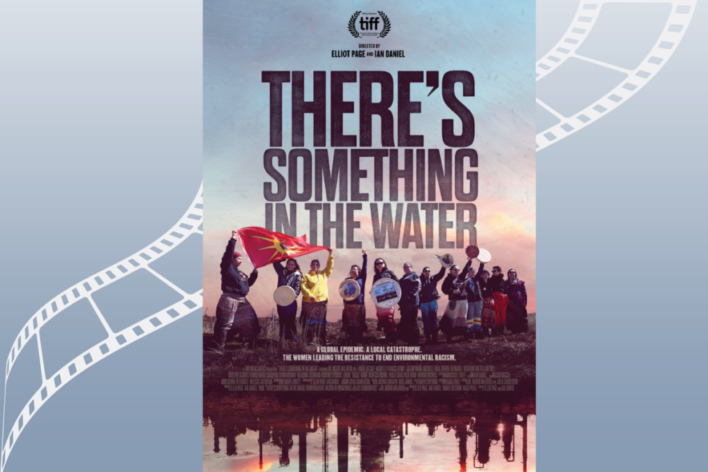 Flier for "There's Something in the Water" film against faded grey-blue background with off-white analog film graphic.