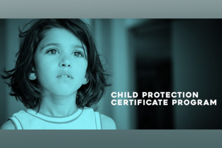 Image of child's face in blue tones, justified to the left next to text reading Child Protection Certificate Program.