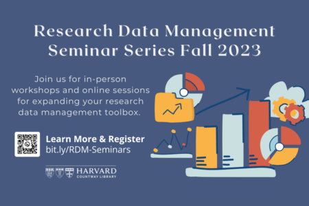 Flyer for the Research Data Management Seminar Series Fall 2023 with text about the in-person and online workshops and an image of various types of data graphs