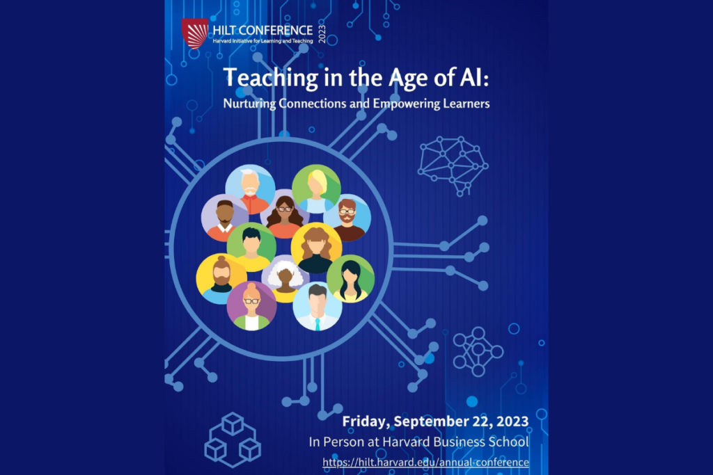 blue background with event information listed "Teaching in the Age of Ai" with small faceless cartoons of humans