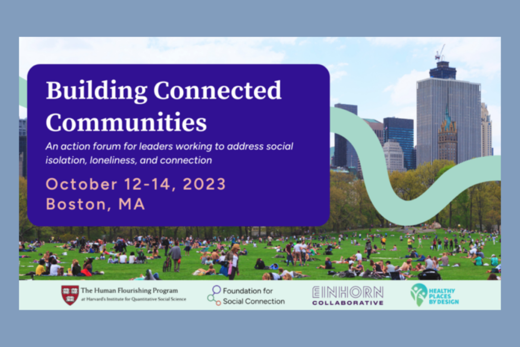 Building Connected Communities flyer with city background with blue skies and people in a green park below, text on purple background with event details