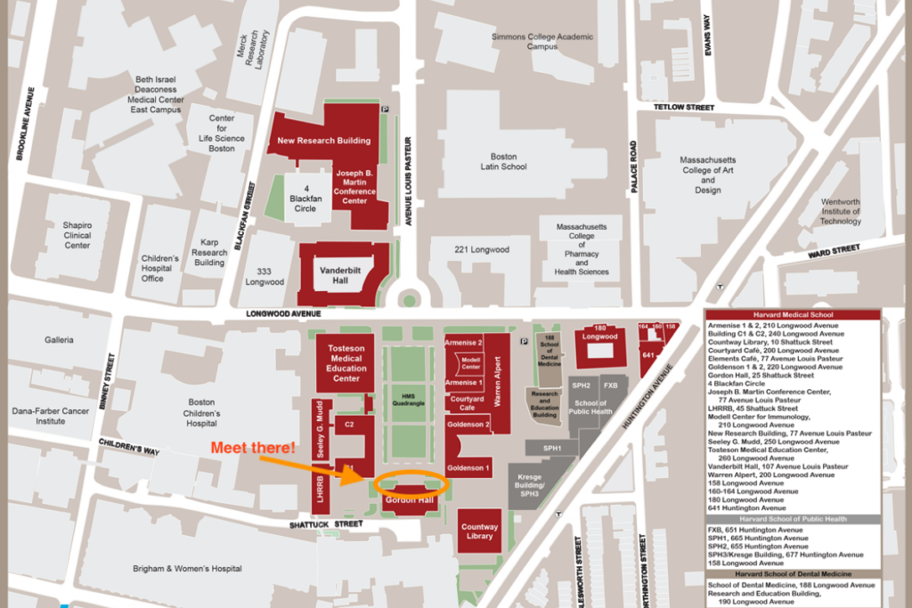 Map of Longwood Medical Campus pointing out Gordon Hall meeting spot