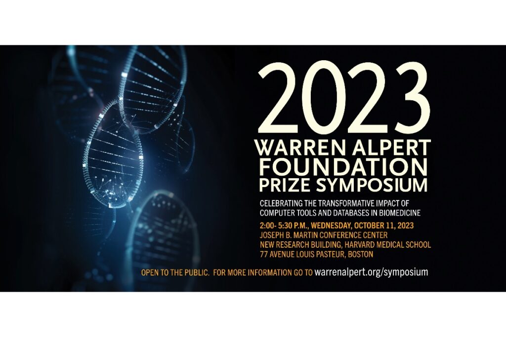 Blue science background with text reading about the 2023 Warren Alpert Foundation Prize Symposium