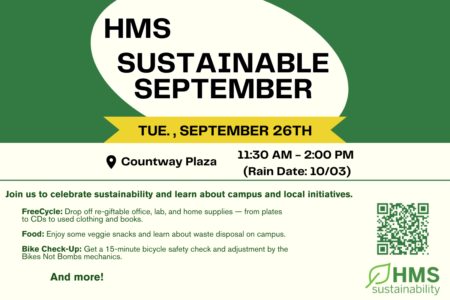 Modern font/background green/tan image with bold letters explaining HMS Sustainable September