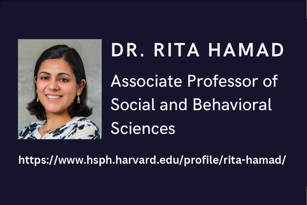 Rita Hamad Event Promotion Image, headshot on dark blue background with event text