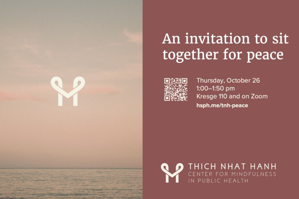 Sun setting over the ocean with the Thich Nhat Hanh Center for Mindfulness in Public Health logo. This image also includes a QR code for the Zoom link.