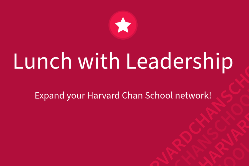Lunch with leadership white text on red background with red star in circle