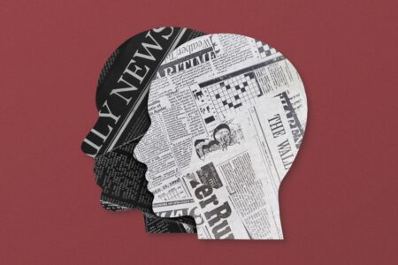 Image of two profile cutouts with newspaper print