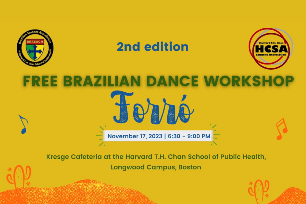 Yellow background, text about the Free Brazilian Dance Workshop