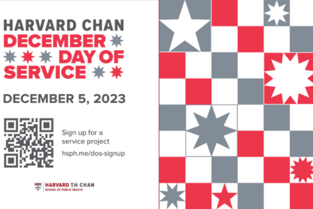 Day of Service red text with background with red, white and red elements in blocks and stars. QR code for event with Harvard Chan logo.