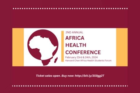 Africa Health Conference details in red font on white, red and yellow matte background