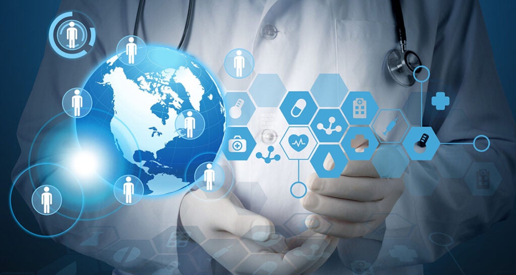 Photo of doctor in coat with stethoscope behind graphic of globe and health-related symbols