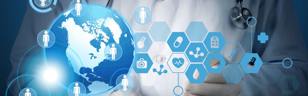Photo of doctor in coat with stethoscope behind graphic of globe and health-related symbols