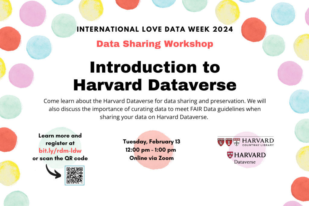 Love Data Week flyer for Introduction to Harvard Dataverse with information about the event with colorful dots around the border