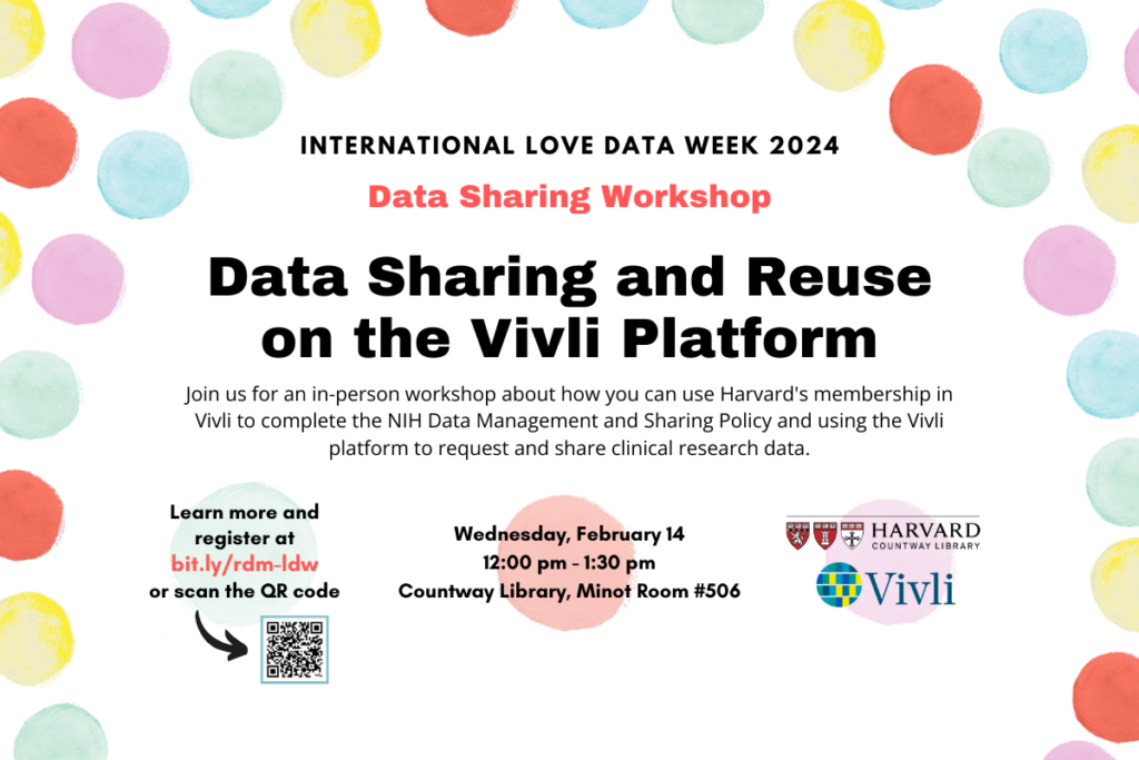 Love Data Week flyer for Data Sharing and Reuse on the Vivli Platform with information about the event with colorful dots around the border