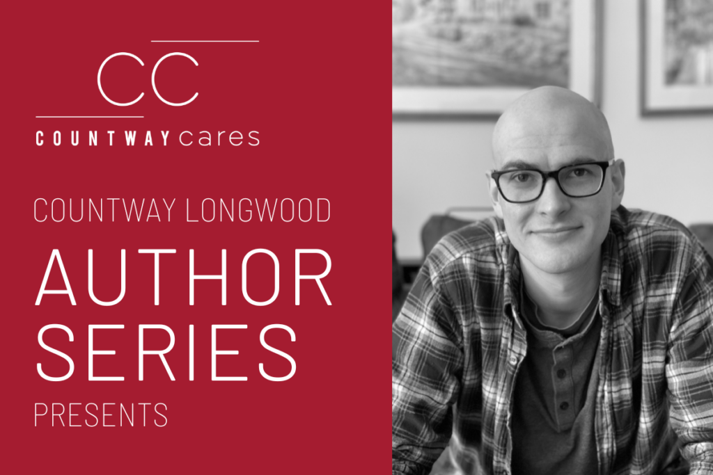 Text reads "Countway Cares: Countway Longwood Author Series Presents" beside a black and white photo of author Andrew Lea