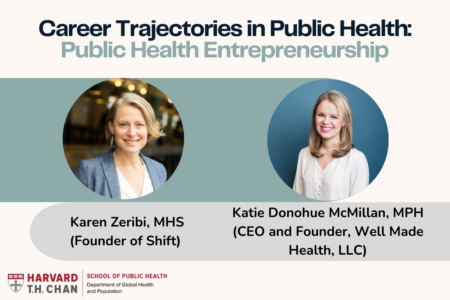Career Trajectories in Public Health Public Health Entrepreneurship Title and two circle frame headshots of Karen Zeribi and Katie Donohue McMillan with HSPH logo on bottom in beige