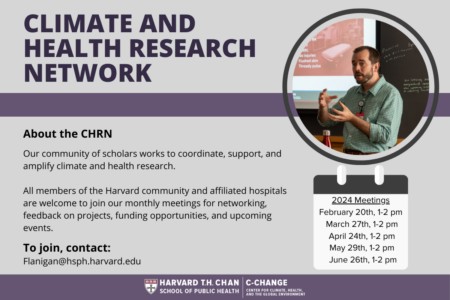 CHRN Flyer with title in purple font Climate and Health Research Network with event details on gray background with purple accents, picture of man talking in a lecture