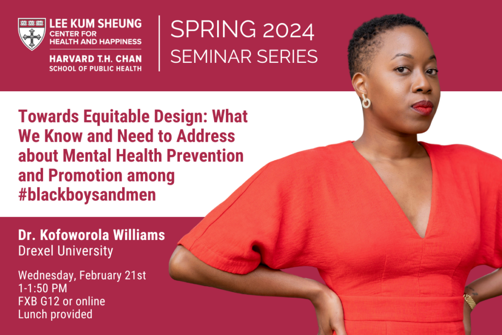 Spring Seminar 2024 series text Wednesday, February 21st, 2024, from 1-1:50 PM in FXB G12 or online, please join us for a seminar with Dr. Kofoworola Williams, Assistant Professor of Community Health and Prevention at Drexel University Picture of Dr. Williams on red background
