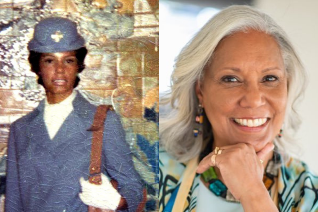 A vintage photo of Dr. Sheila Nutt in the late 1960s wearing a stewardess uniform is seen beside a current photo of Dr. Sheila Nutt wearing a colorful shirt.