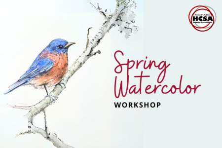 Watercolor painting of robin bird sitting on branch with blue sky background with Spring Watercolor cursive text