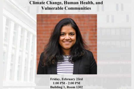 Bold black text: Climate Change, Human Health and Vulnerable Communities Headshot of Amruta Nori-Sarma, PhD, Assistant Professor, Department of Environmental Health, Boston University School of Public Health