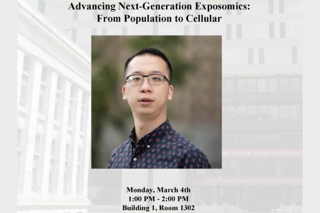 Headshot of Dr. Peng Gao with promotion for his event. The title for his talk is: Department of Environmental Health Seminar – Advancing Next-Generation Exposomics: From Population to Cellular