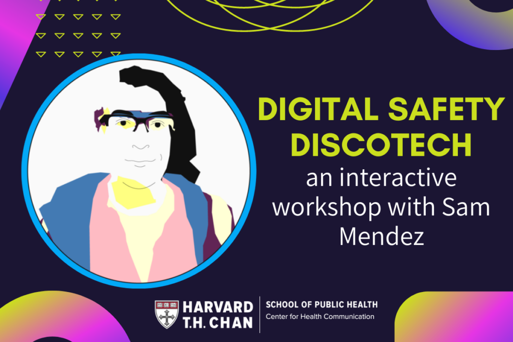 Event poster for digital safety discotech with animated picture of Samuel Mendez
