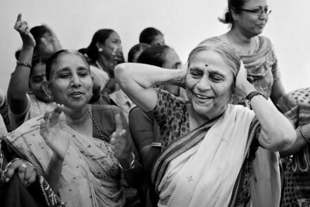 Women in Gujarat, India dressed in sari in black and white image