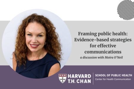 Banner for "Framing public health: Evidence-based strategies for effective communication" with headshot of Moira O'Neil
