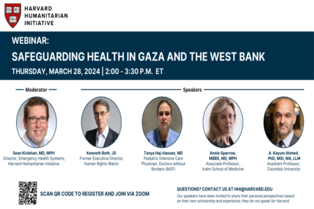 Dark blue banner reading title of event "Webinar: Safeguarding Health in Gaza and the West Bank, Thursday, March 28, 2024 from 2 - 3:30 pm ET.  Photos of the Moderator and Speakers in bubble frames with their photos QR code of event