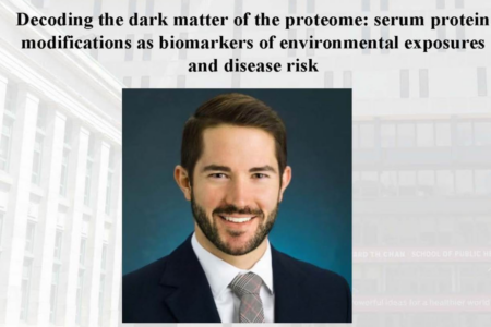 Headshot of Dr. Joshua Smith below his presentation title 'Decoding the dark matter of the proteome: Serum protein modifications as biomarkers of environmental exposures and disease risk'