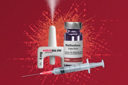 Image of Narcan nasal spray, Methadone, and needle