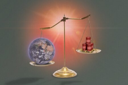 Event image of justice scales balancing the Earth and fuel
