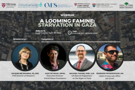 Poster for event A looming famine: starvation in Gaza with headshots of four speakers in circle frames on gray background event sponsor logos