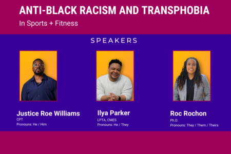 anti black racism and transphobia event heading in white font on pink background photos of speakers Williams, Ilya Parker, and Dr. Roc Rochon with headshots on yellow background. Dark purple background