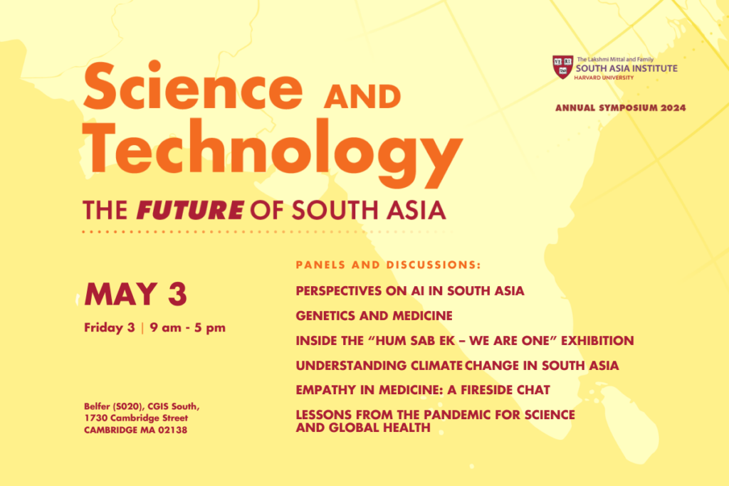 Science and Technology event header in orange text on yellow background reading in red font Future of South Asia with event details in red text, May 3rd